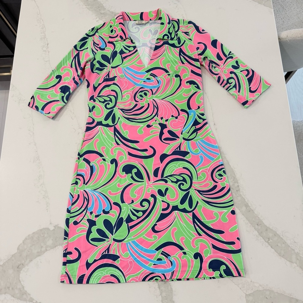 Katherine Way Sheath Scuba Collar Stretch Dress Women’s Small Retro Pink Swirl